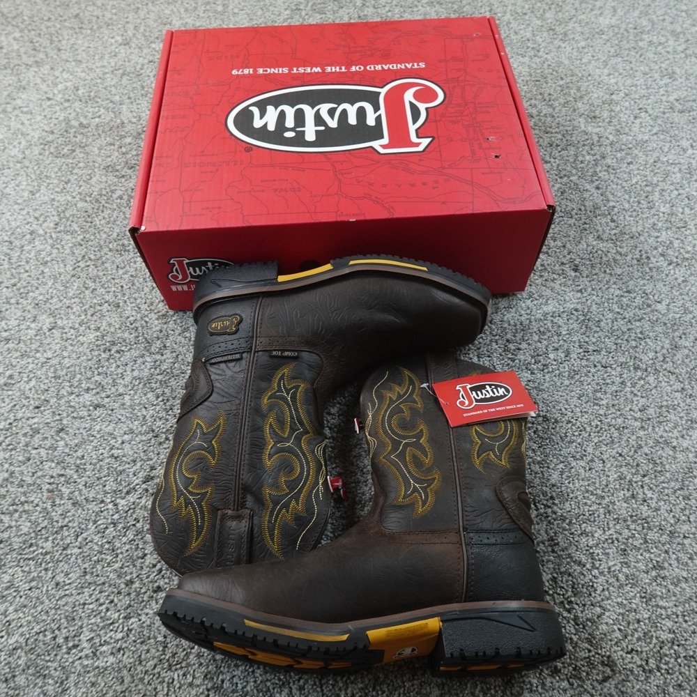 New Justin Boots Mens 10.5 D Brown Waterproof Composite Toe Western Work Shoes